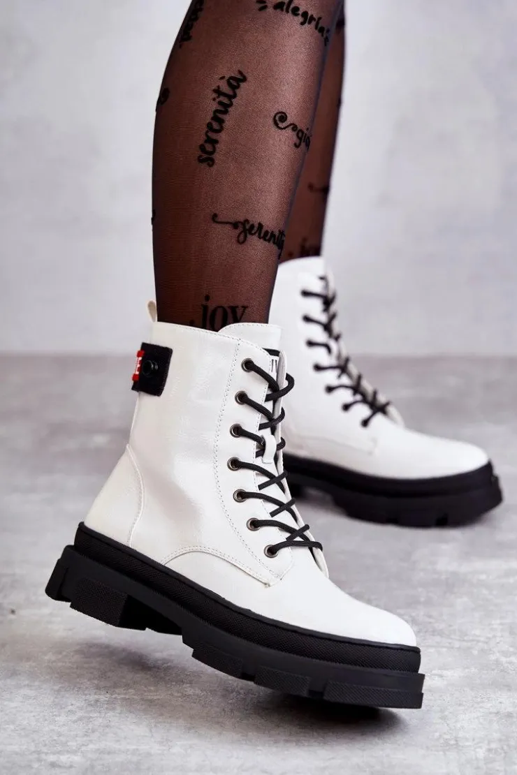 Damskie buty S.Barski Botki Sznurowane|Botki Zimowe Damskie*Damskie Lakierowane Botki Workery Sznurowane Białe Conny