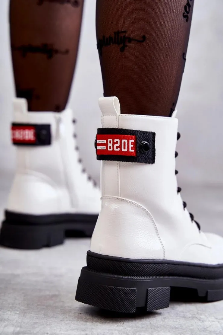 Damskie buty S.Barski Botki Sznurowane|Botki Zimowe Damskie*Damskie Lakierowane Botki Workery Sznurowane Białe Conny