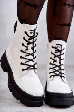 Damskie buty S.Barski Botki Sznurowane|Botki Zimowe Damskie*Damskie Lakierowane Botki Workery Sznurowane Białe Conny