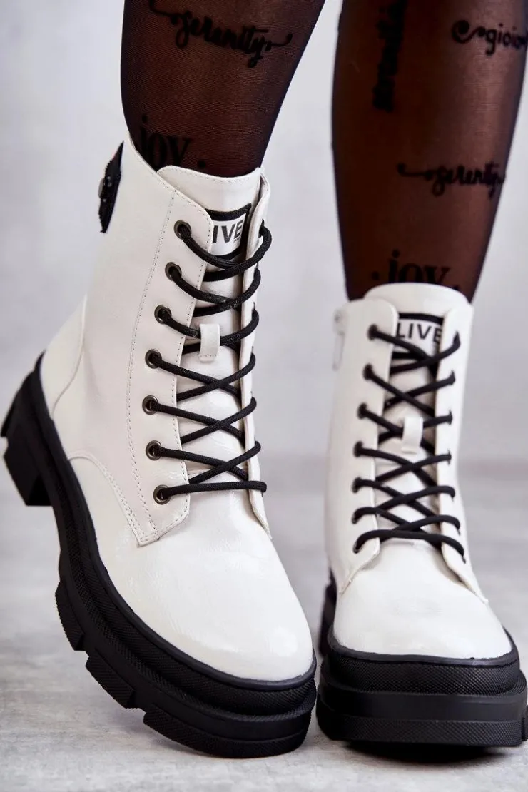 Damskie buty S.Barski Botki Sznurowane|Botki Zimowe Damskie*Damskie Lakierowane Botki Workery Sznurowane Białe Conny