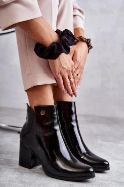 Boto Botki Na Słupku|Czarne Botki*Damskie Lakierowane Botki Na Suwak La.Fi 260039B-LA Czarne