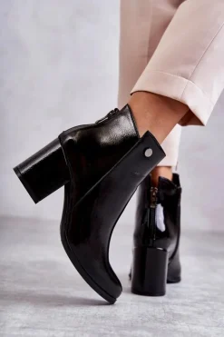 Boto Botki Na Słupku|Czarne Botki*Damskie Lakierowane Botki Na Suwak La.Fi 260039B-LA Czarne