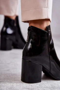 Boto Botki Na Słupku|Czarne Botki*Damskie Lakierowane Botki Na Suwak La.Fi 260039B-LA Czarne