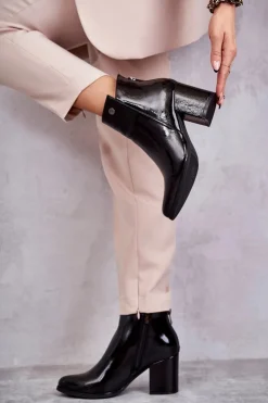 Boto Botki Na Słupku|Czarne Botki*Damskie Lakierowane Botki Na Suwak La.Fi 260039B-LA Czarne