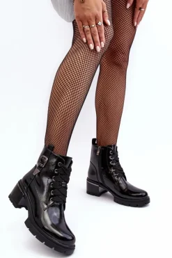 Clearance Damskie buty S.Barski Damskie Lakierowane Botki D&A MR870-97 Czarne