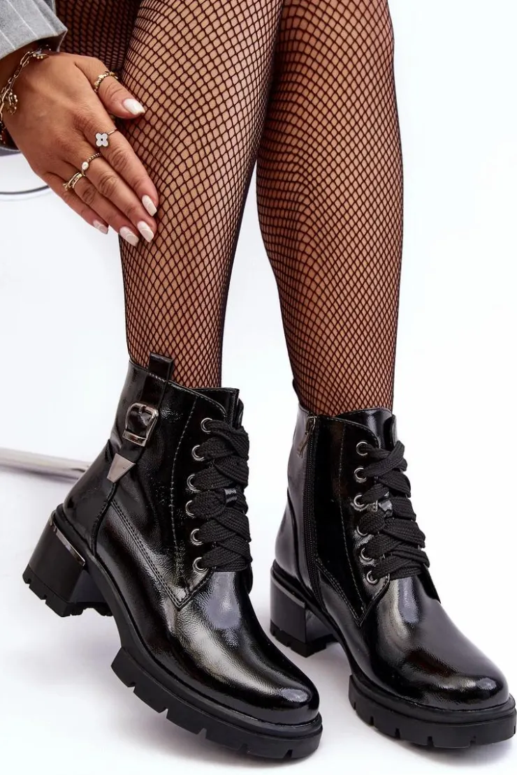 Clearance Damskie buty S.Barski Damskie Lakierowane Botki D&A MR870-97 Czarne