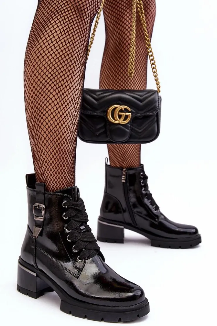 Clearance Damskie buty S.Barski Damskie Lakierowane Botki D&A MR870-97 Czarne
