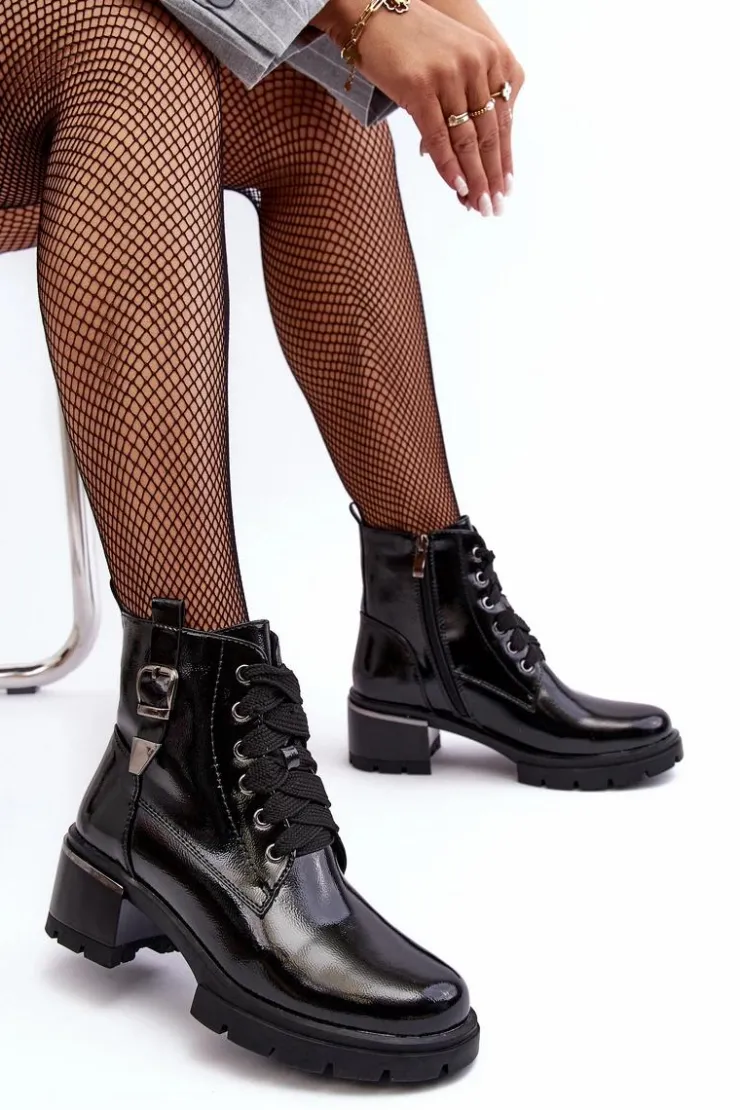 Clearance Damskie buty S.Barski Damskie Lakierowane Botki D&A MR870-97 Czarne