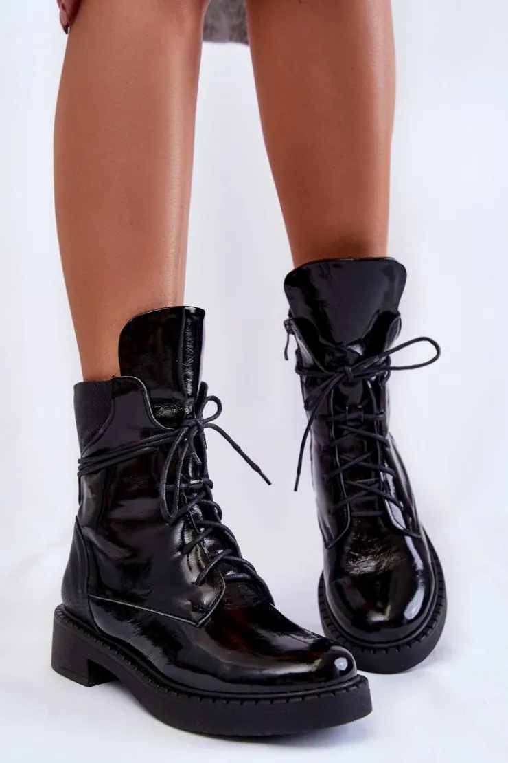 Boto Botki Skórzane|Botki Sznurowane*Damskie Lakierowane Botki Sznurowane Czarne Laverda