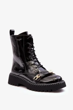 Clearance Damskie buty S.Barski Damskie Lakierowane Botki Workery Z Ozdobą Czarne S.Barski MR870-67
