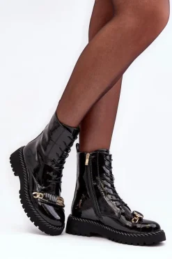 Clearance Damskie buty S.Barski Damskie Lakierowane Botki Workery Z Ozdobą Czarne S.Barski MR870-67