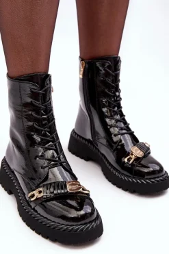 Clearance Damskie buty S.Barski Damskie Lakierowane Botki Workery Z Ozdobą Czarne S.Barski MR870-67