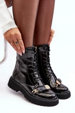 Clearance Damskie buty S.Barski Damskie Lakierowane Botki Workery Z Ozdobą Czarne S.Barski MR870-67