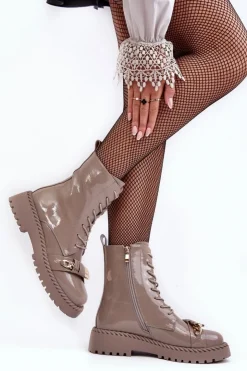 New Damskie buty S.Barski Damskie Lakierowane Botki Workery Z Ozdobą Beżowe S.Barski MR870-67 Beżowy