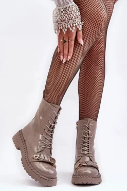 New Damskie buty S.Barski Damskie Lakierowane Botki Workery Z Ozdobą Beżowe S.Barski MR870-67 Beżowy