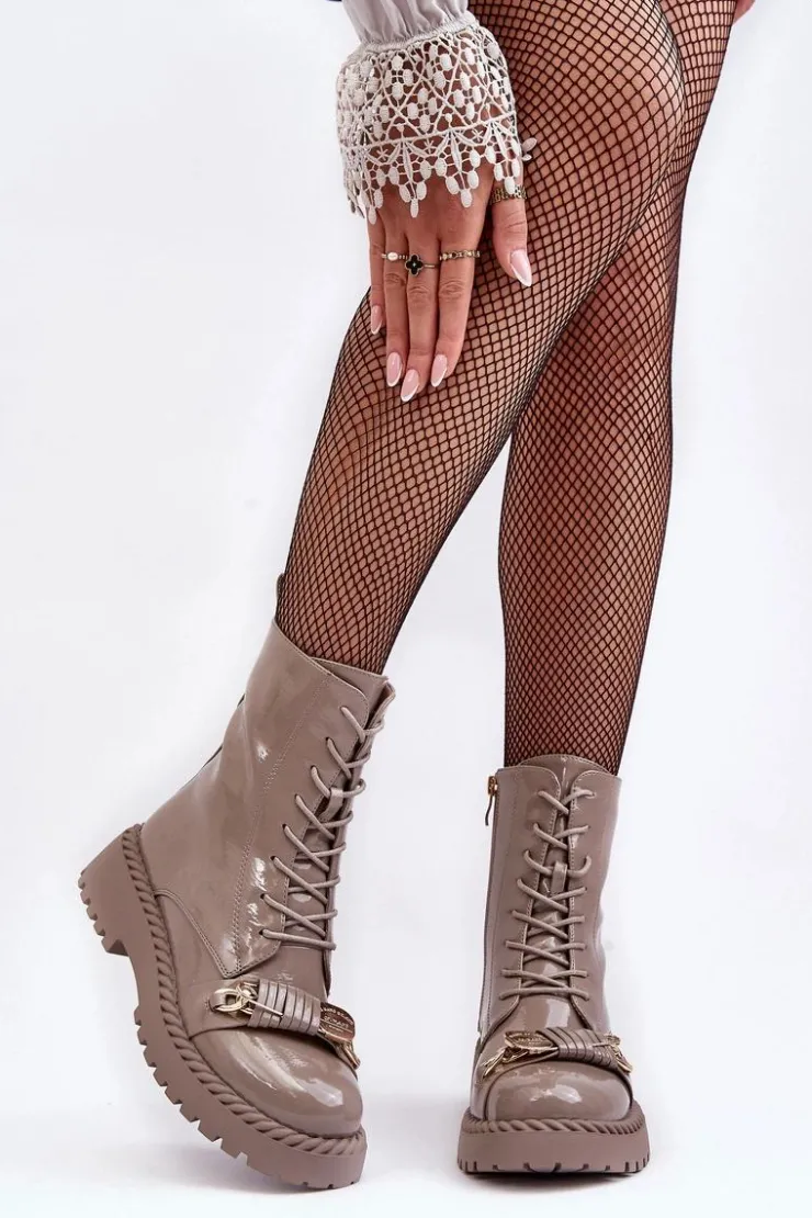 New Damskie buty S.Barski Damskie Lakierowane Botki Workery Z Ozdobą Beżowe S.Barski MR870-67 Beżowy