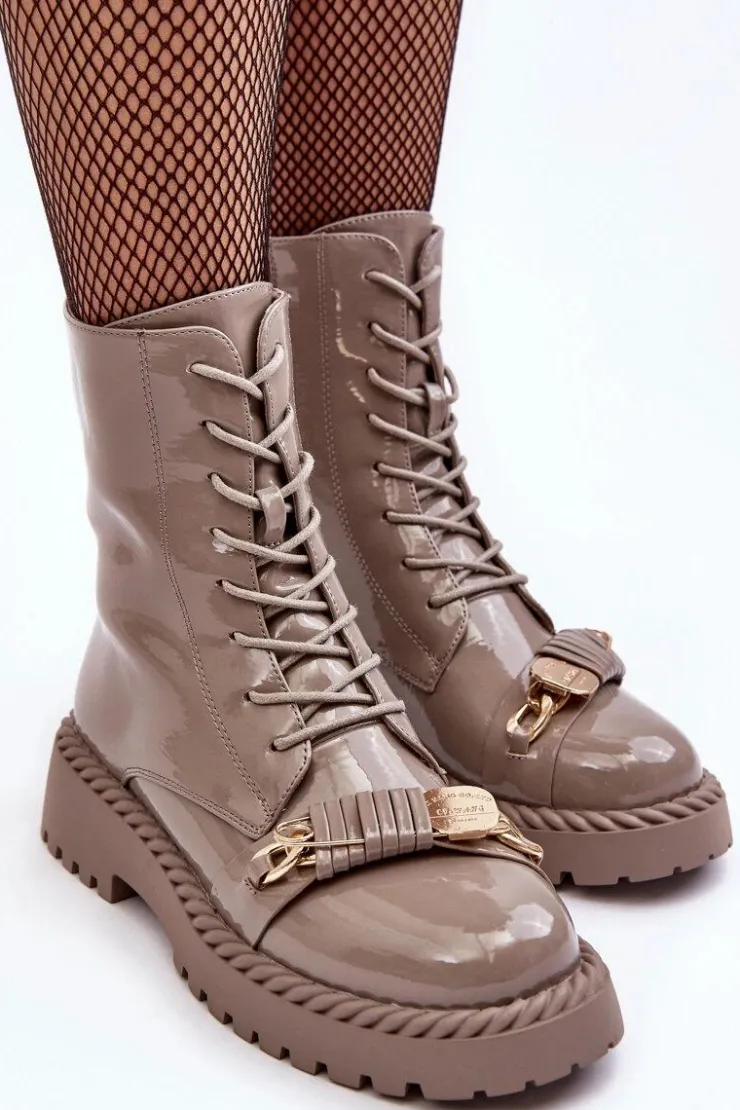 New Damskie buty S.Barski Damskie Lakierowane Botki Workery Z Ozdobą Beżowe S.Barski MR870-67 Beżowy