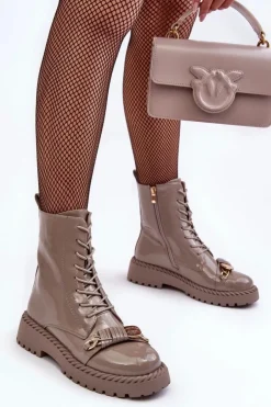 New Damskie buty S.Barski Damskie Lakierowane Botki Workery Z Ozdobą Beżowe S.Barski MR870-67 Beżowy