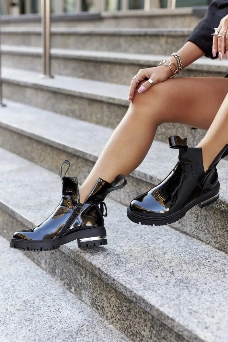 New Boto Damskie Lakierowane Botki Z Wycięciami Czarne Melbourne