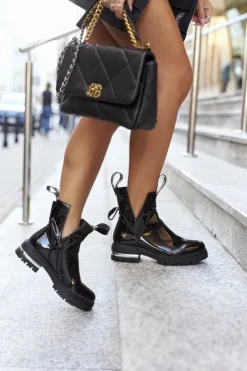 New Boto Damskie Lakierowane Botki Z Wycięciami Czarne Melbourne