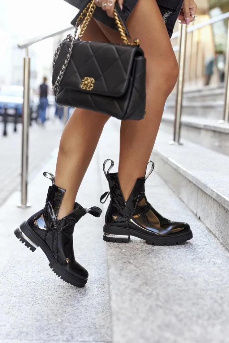 New Boto Damskie Lakierowane Botki Z Wycięciami Czarne Melbourne