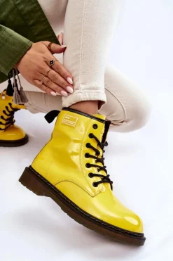 Damskie GOE Damskie Lakierowane Botki Ocieplane II2N4054 Żółte