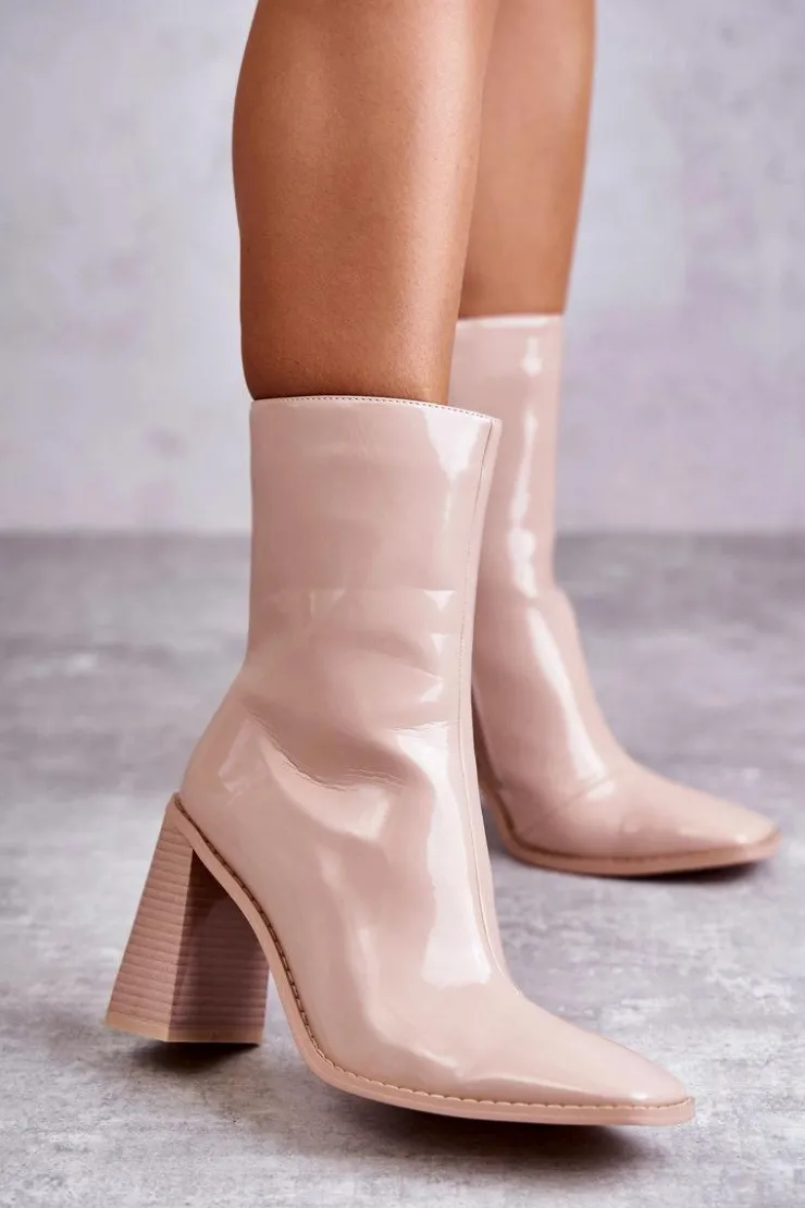 Boto Kozaki Przed Kolano|Kozaki Na Obcasie*Damskie Lakierowane Botki Kozaki Beżowe Margit Beżowy
