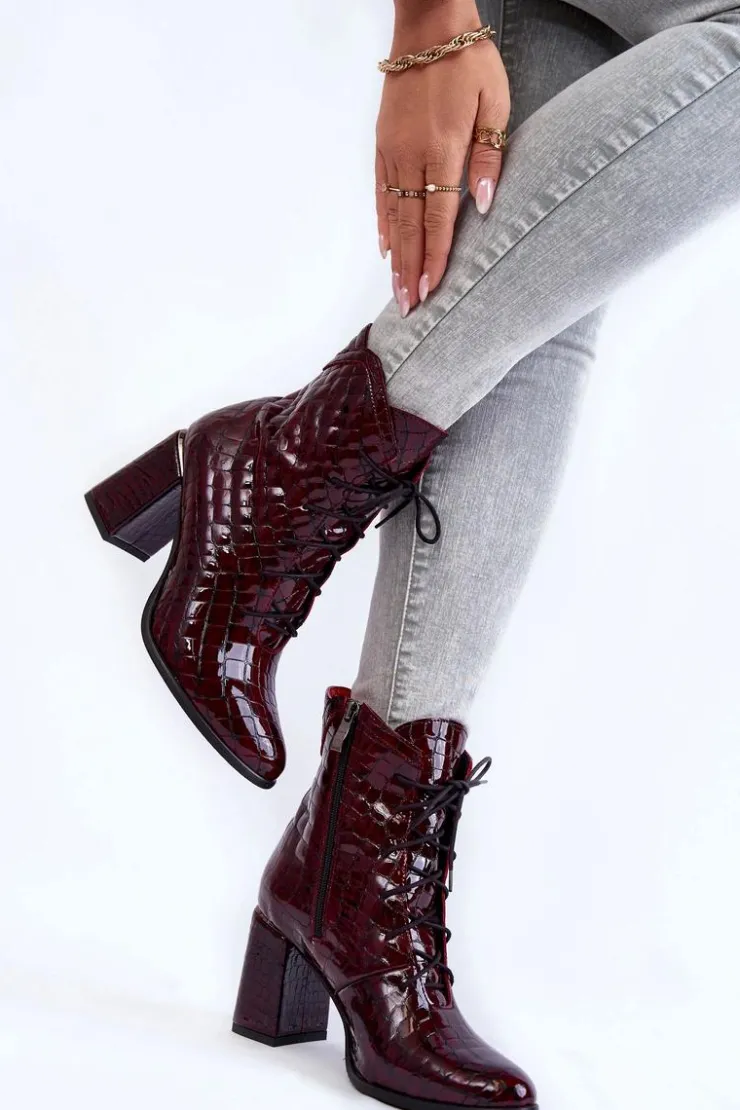 Sale Boto Damskie Lakierowane Botki Na Obcasie Krokodyli Wzór Bordowe Alva