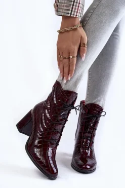 Sale Boto Damskie Lakierowane Botki Na Obcasie Krokodyli Wzór Bordowe Alva