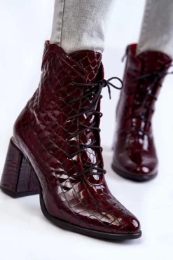 Sale Boto Damskie Lakierowane Botki Na Obcasie Krokodyli Wzór Bordowe Alva