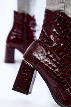 Sale Boto Damskie Lakierowane Botki Na Obcasie Krokodyli Wzór Bordowe Alva