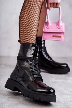 Damskie Evento Damskie Lakierowane Botki Workery Z Ozdobami Czarne Gesine