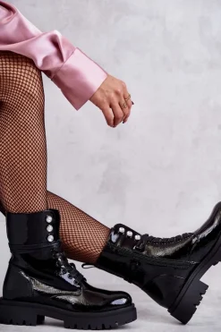 Damskie Evento Damskie Lakierowane Botki Workery Z Ozdobami Czarne Gesine