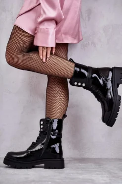 Damskie Evento Damskie Lakierowane Botki Workery Z Ozdobami Czarne Gesine