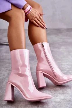 Damskie Boto Damskie Lakierowane Botki Kozaki Różowe Margit