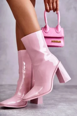 Damskie Boto Damskie Lakierowane Botki Kozaki Różowe Margit