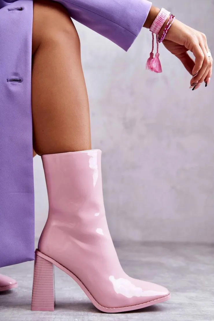 Damskie Boto Damskie Lakierowane Botki Kozaki Różowe Margit