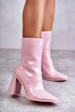Damskie Boto Damskie Lakierowane Botki Kozaki Różowe Margit