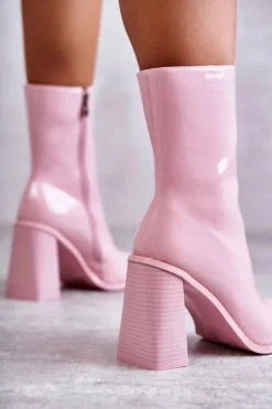Damskie Boto Damskie Lakierowane Botki Kozaki Różowe Margit