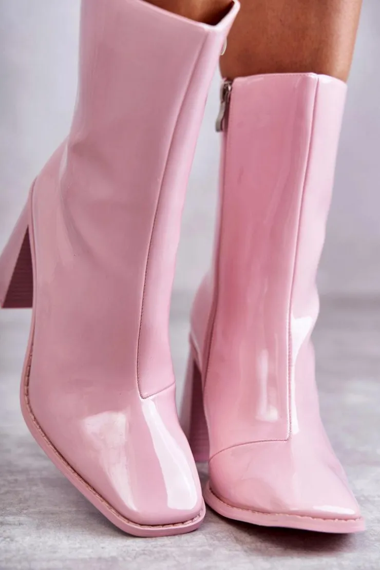 Damskie Boto Damskie Lakierowane Botki Kozaki Różowe Margit