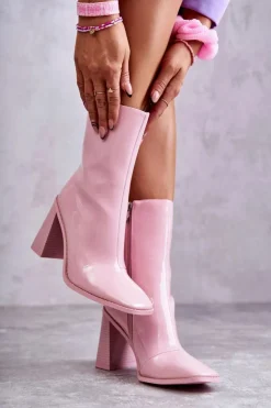 Damskie Boto Damskie Lakierowane Botki Kozaki Różowe Margit