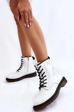 GOE Botki Sznurowane|Botki Płaskie*Damskie Lakierowane Botki Ocieplane II2N4051 Białe