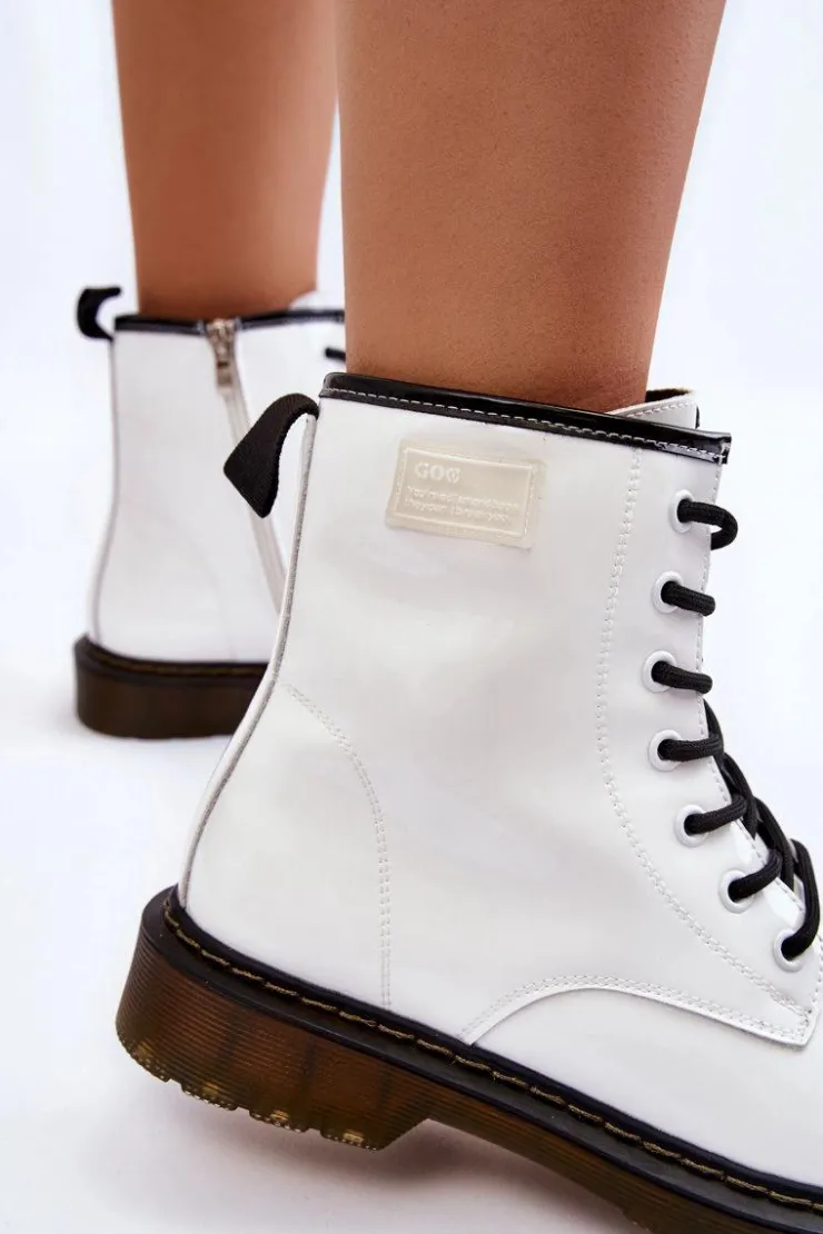 GOE Botki Sznurowane|Botki Płaskie*Damskie Lakierowane Botki Ocieplane II2N4051 Białe