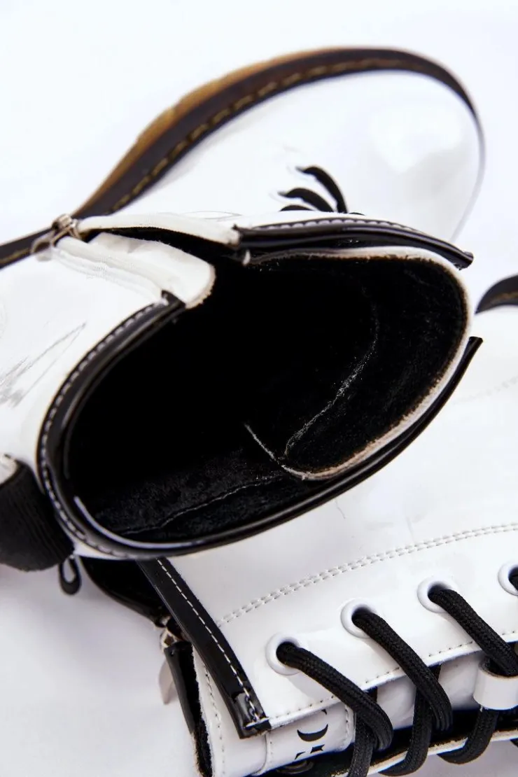 GOE Botki Sznurowane|Botki Płaskie*Damskie Lakierowane Botki Ocieplane II2N4051 Białe