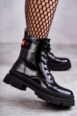 Discount Damskie buty S.Barski Damskie Lakierowane Botki Workery Sznurowane Czarne Conny