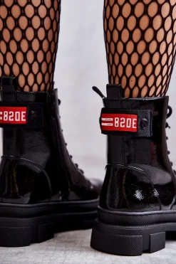 Discount Damskie buty S.Barski Damskie Lakierowane Botki Workery Sznurowane Czarne Conny