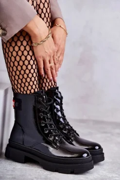 Discount Damskie buty S.Barski Damskie Lakierowane Botki Workery Sznurowane Czarne Conny
