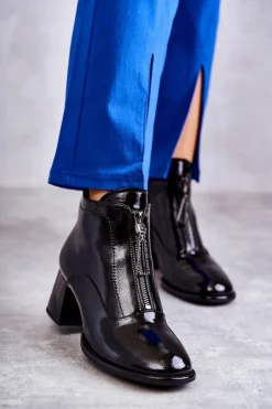 Damskie buty S.Barski Botki Na Słupku|Czarne Botki*Damskie Lakierowane Botki Z Suwakami Czarne Cristel