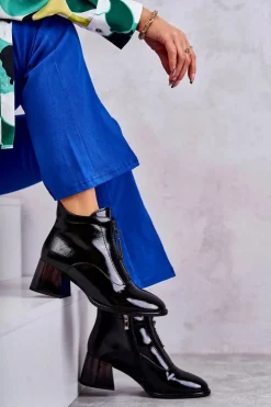 Damskie buty S.Barski Botki Na Słupku|Czarne Botki*Damskie Lakierowane Botki Z Suwakami Czarne Cristel