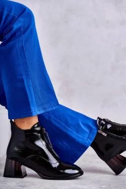 Damskie buty S.Barski Botki Na Słupku|Czarne Botki*Damskie Lakierowane Botki Z Suwakami Czarne Cristel